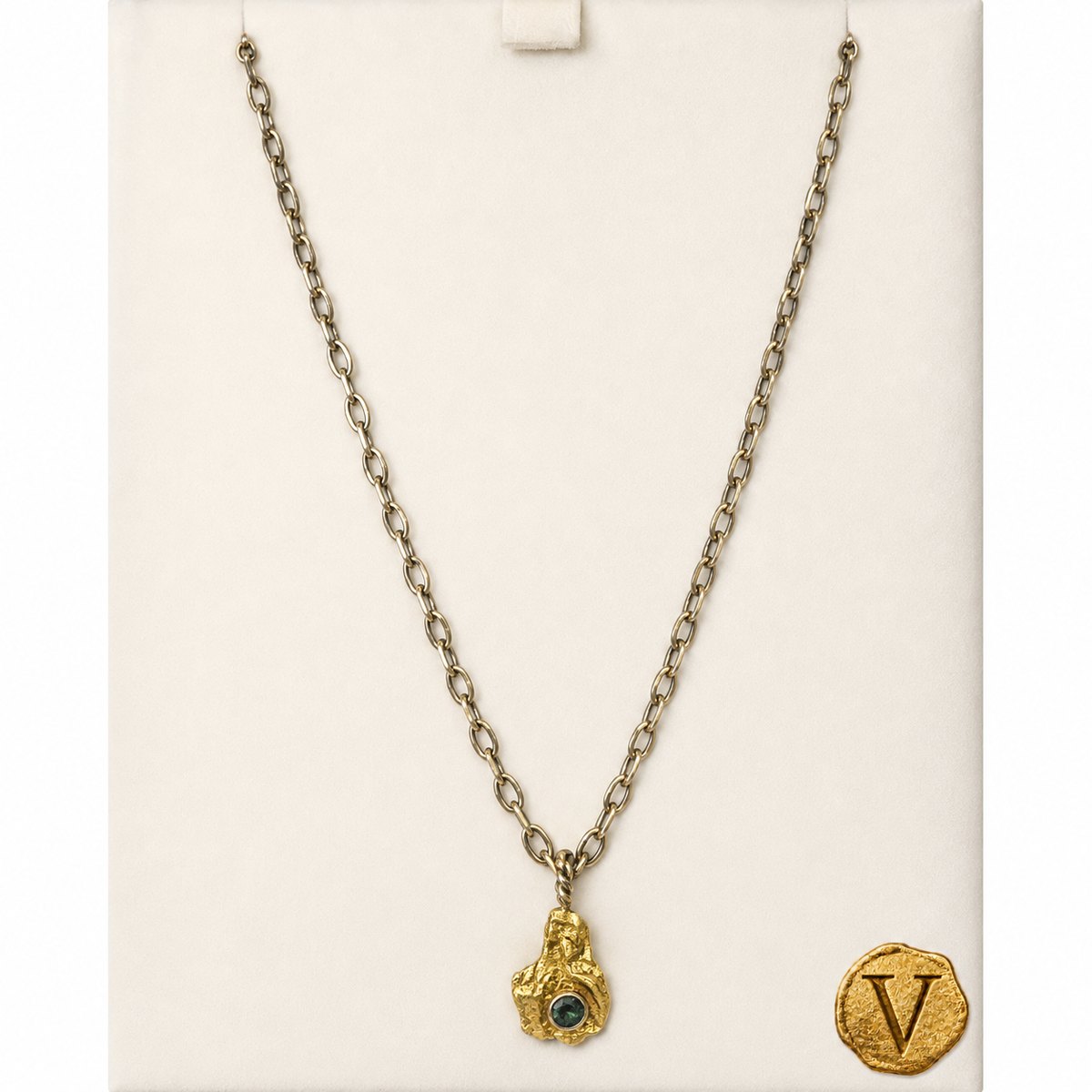 Barakà 63 cm solid two-tone forçat necklace with 24ct gold emerald pendant