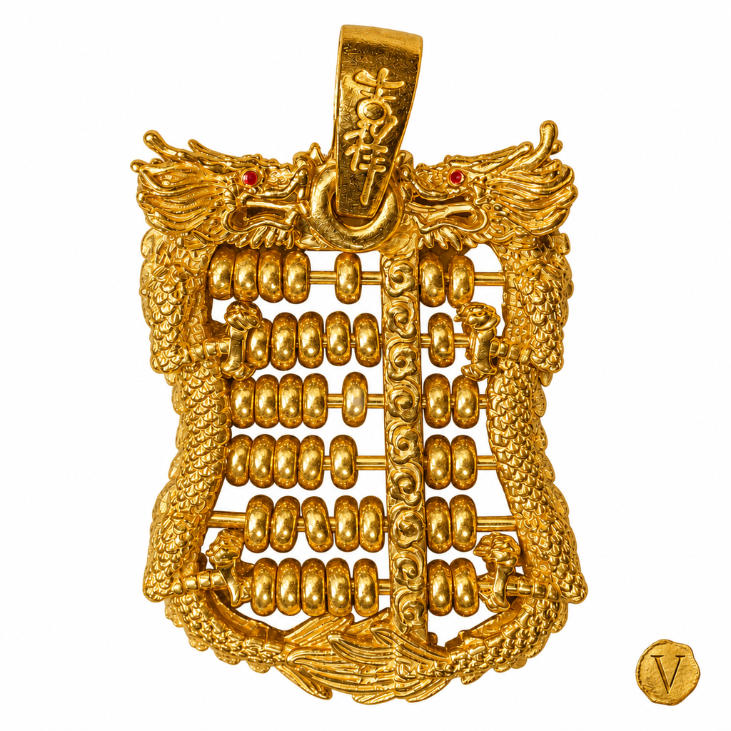 Archived 22ct gold Chinese abacus pendant, close-up, with Victoire seal