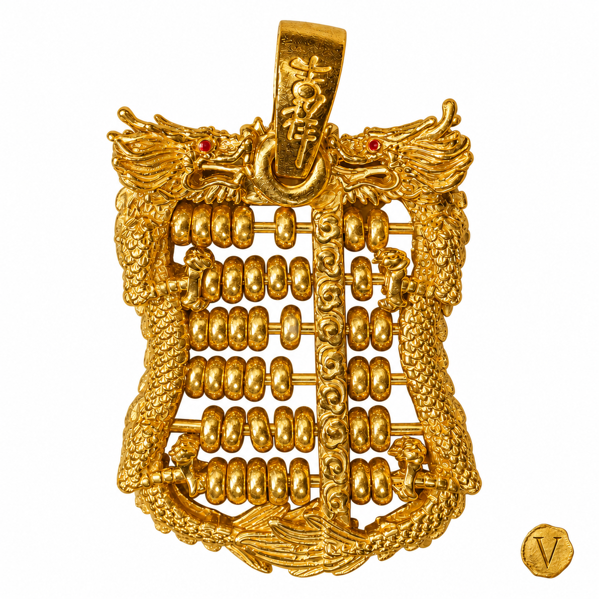 Archived 22ct gold Chinese abacus pendant, close-up, with Victoire seal