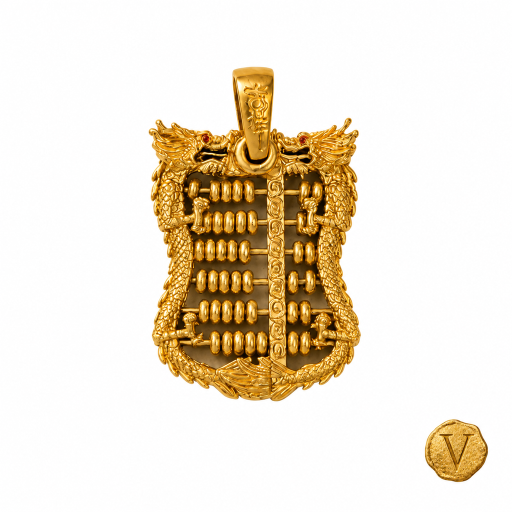 Archived 22ct gold Chinese abacus pendant, front view, with Victoire seal