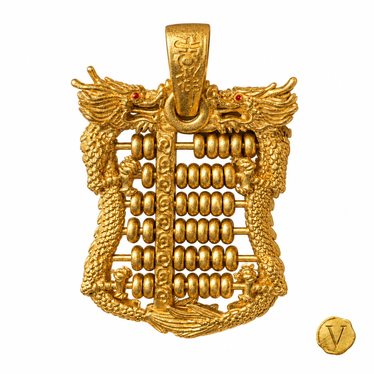 Archived 22ct gold Chinese abacus pendant, angled view, with Victoire seal