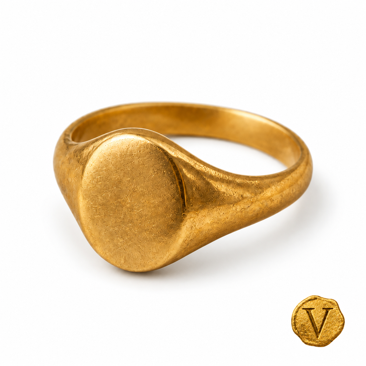 Editorial preview of an antique gold signet ring with Victoire seal