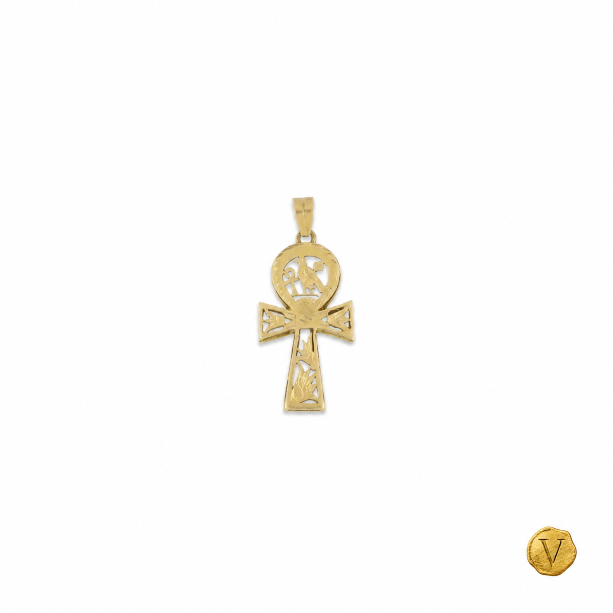 Front view of the 18ct yellow gold Ankh pendant with Victoire seal