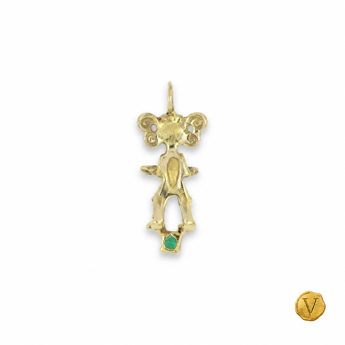 Reverse view of the 9ct gold figurine pendant with emerald and Victoire seal