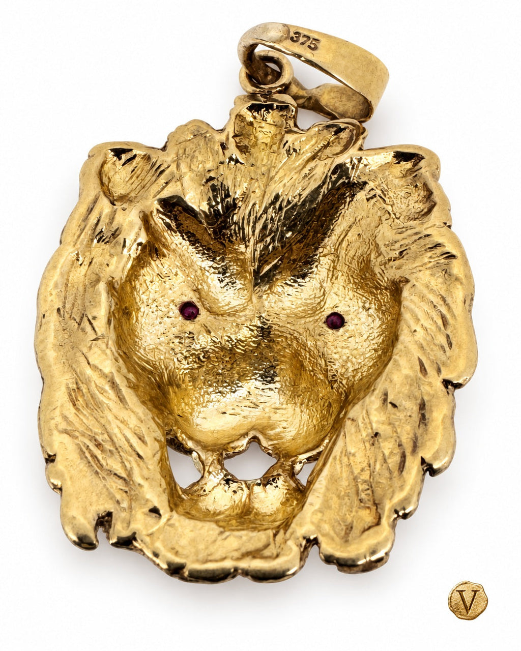 Reverse of a pre-owned 9ct gold lion pendant showing the openwork back and 375 hallmark