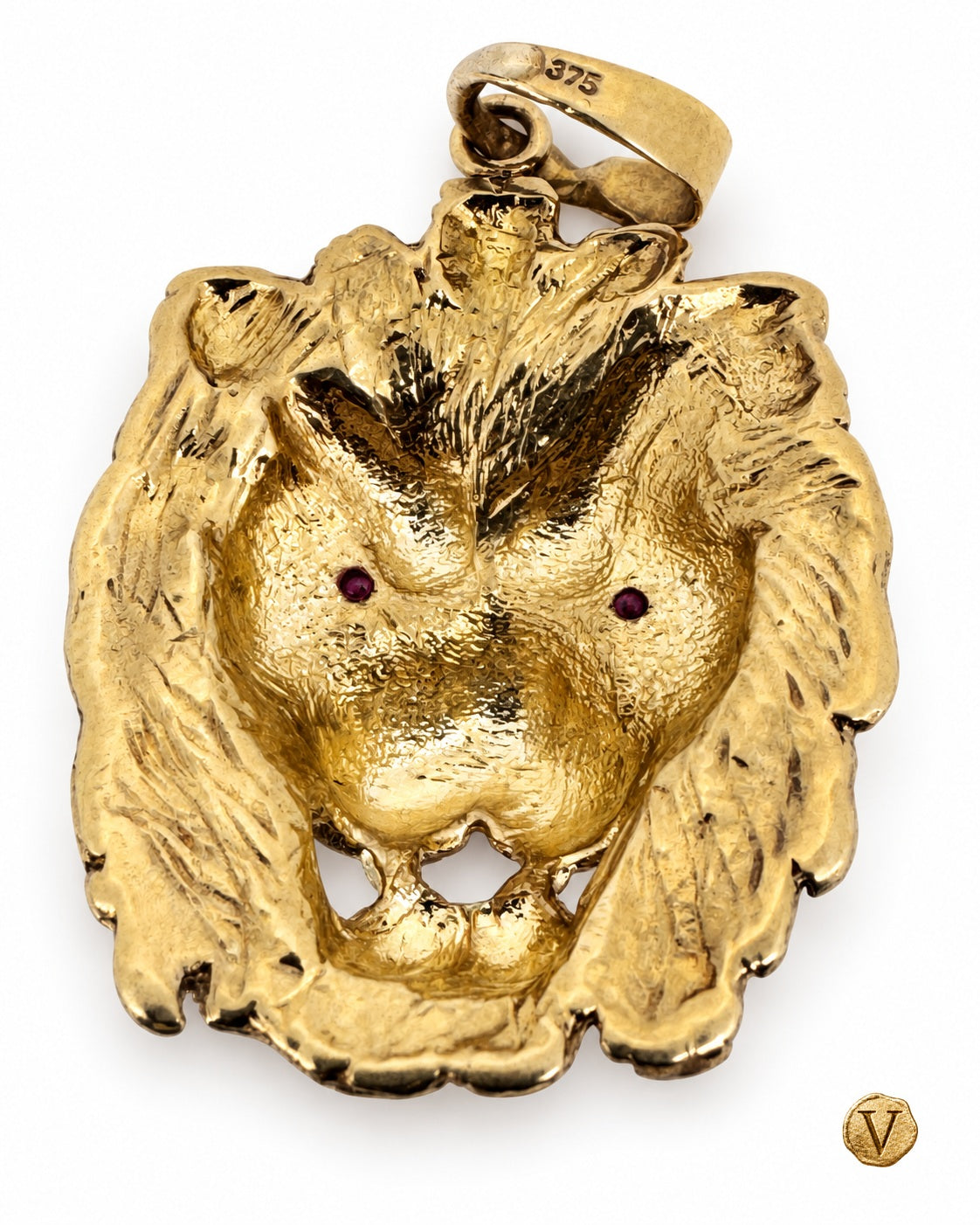 Reverse of a pre-owned 9ct gold lion pendant showing the openwork back and 375 hallmark