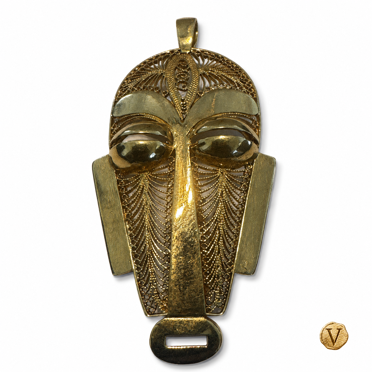 Le Masque d’Or 18ct gold filigree mask pendant on the white Victoire catalogue background