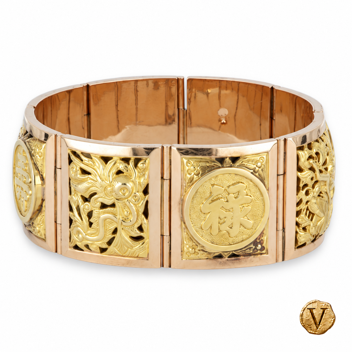 Les Quatre Saisons — 18ct rose and yellow gold Vietnamese panel bracelet, prosperity character and openwork decoration