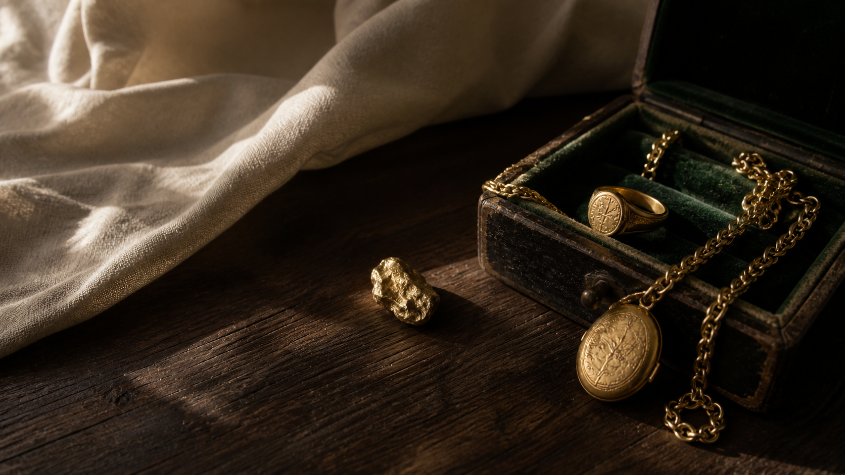 Vintage gold jewellery and natural gold nugget in an antique box