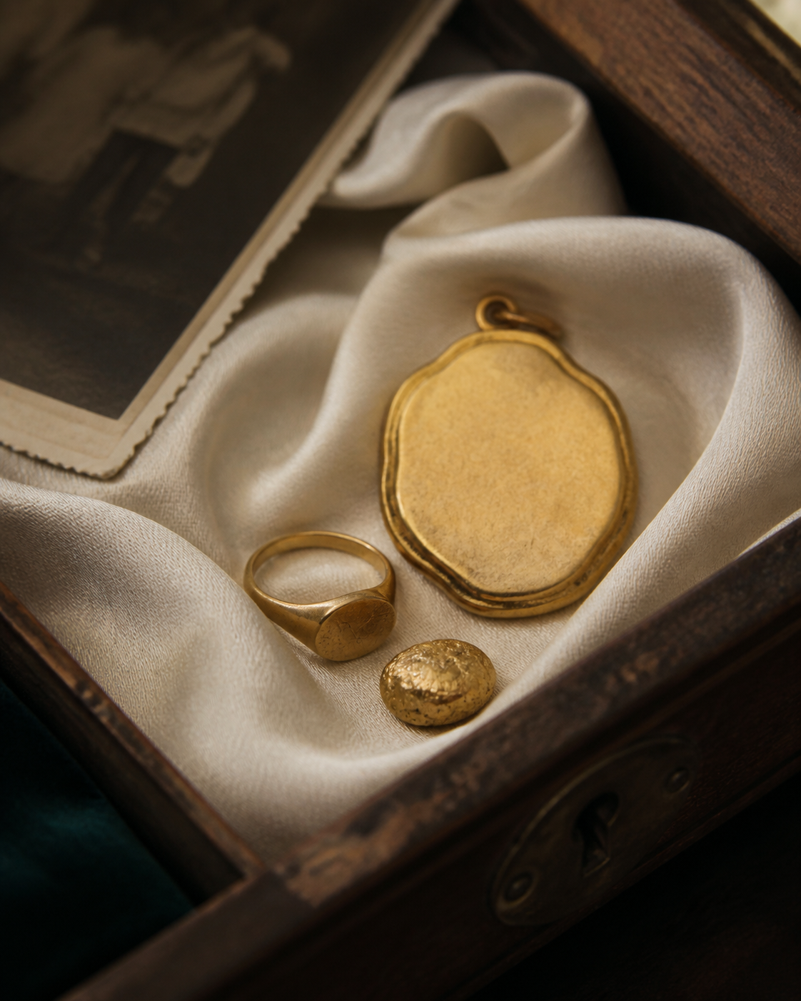 Vintage gold keepsakes in a silk-lined wooden jewellery drawer