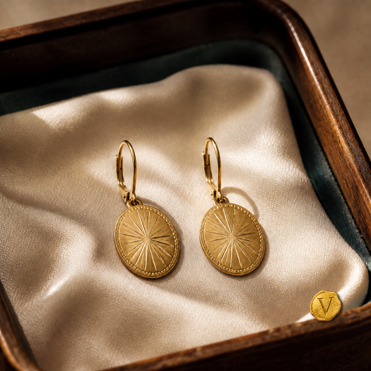 Editorial preview of antique gold dormeuse earrings with Victoire seal