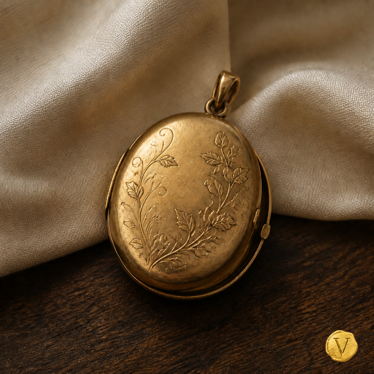 Editorial preview of an antique gold locket with Victoire seal