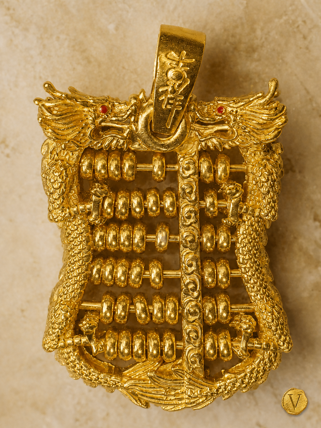 Sold 22ct gold Chinese abacus pendant detail with Victoire seal