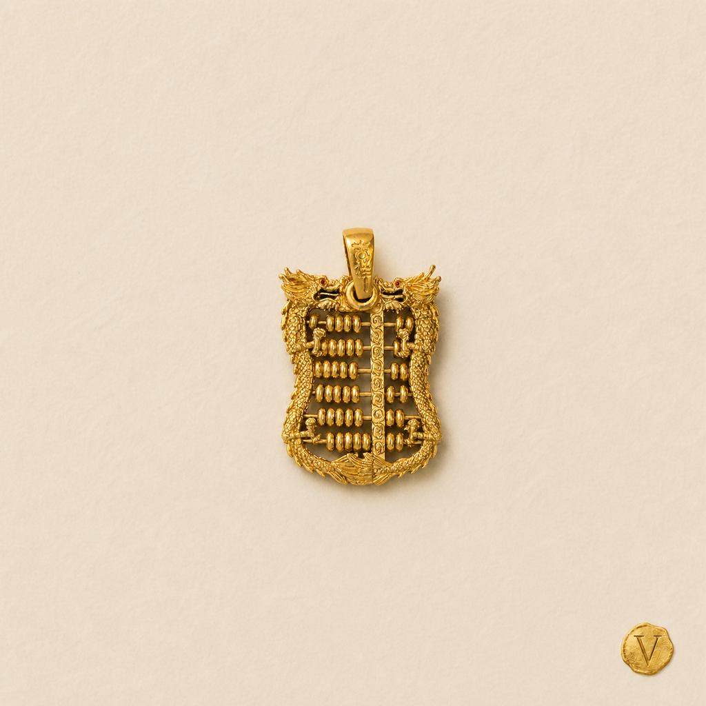 Sold Chinese abacus pendant in 22ct gold, shown at consistent catalog scale with the Victoire V seal