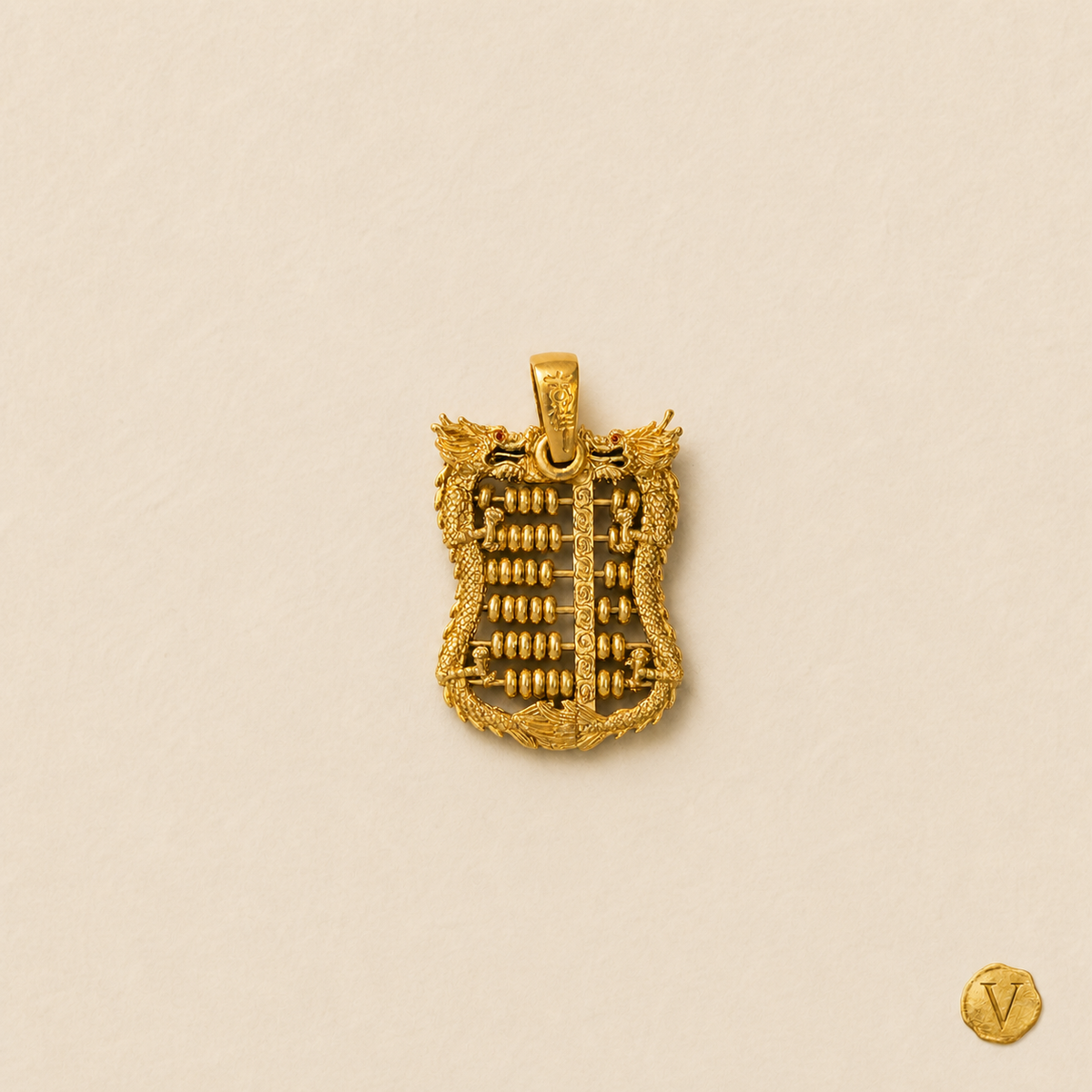Sold Chinese abacus pendant in 22ct gold, shown at consistent catalog scale with the Victoire V seal