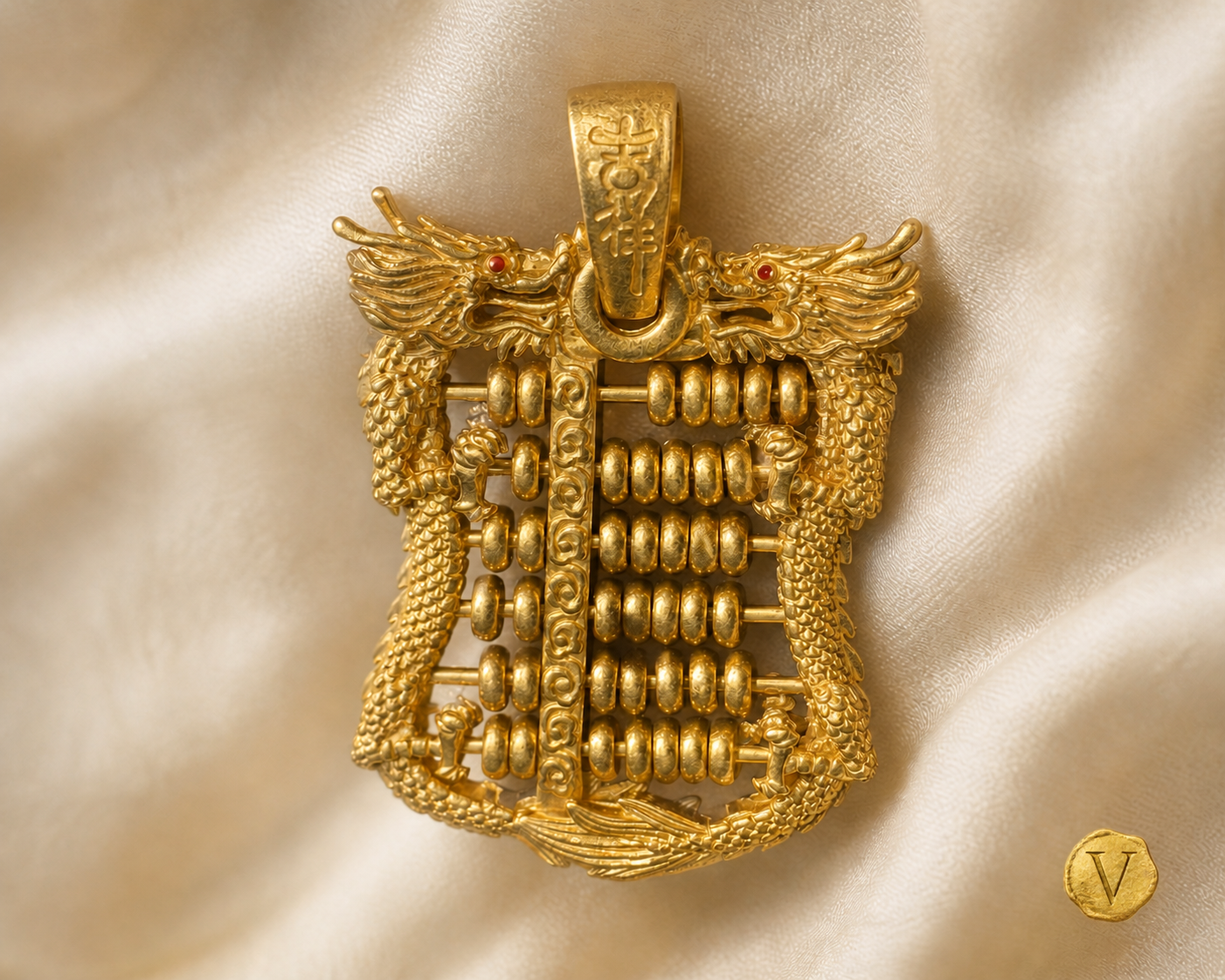 Sold 22ct gold Chinese abacus pendant on silk with Victoire seal